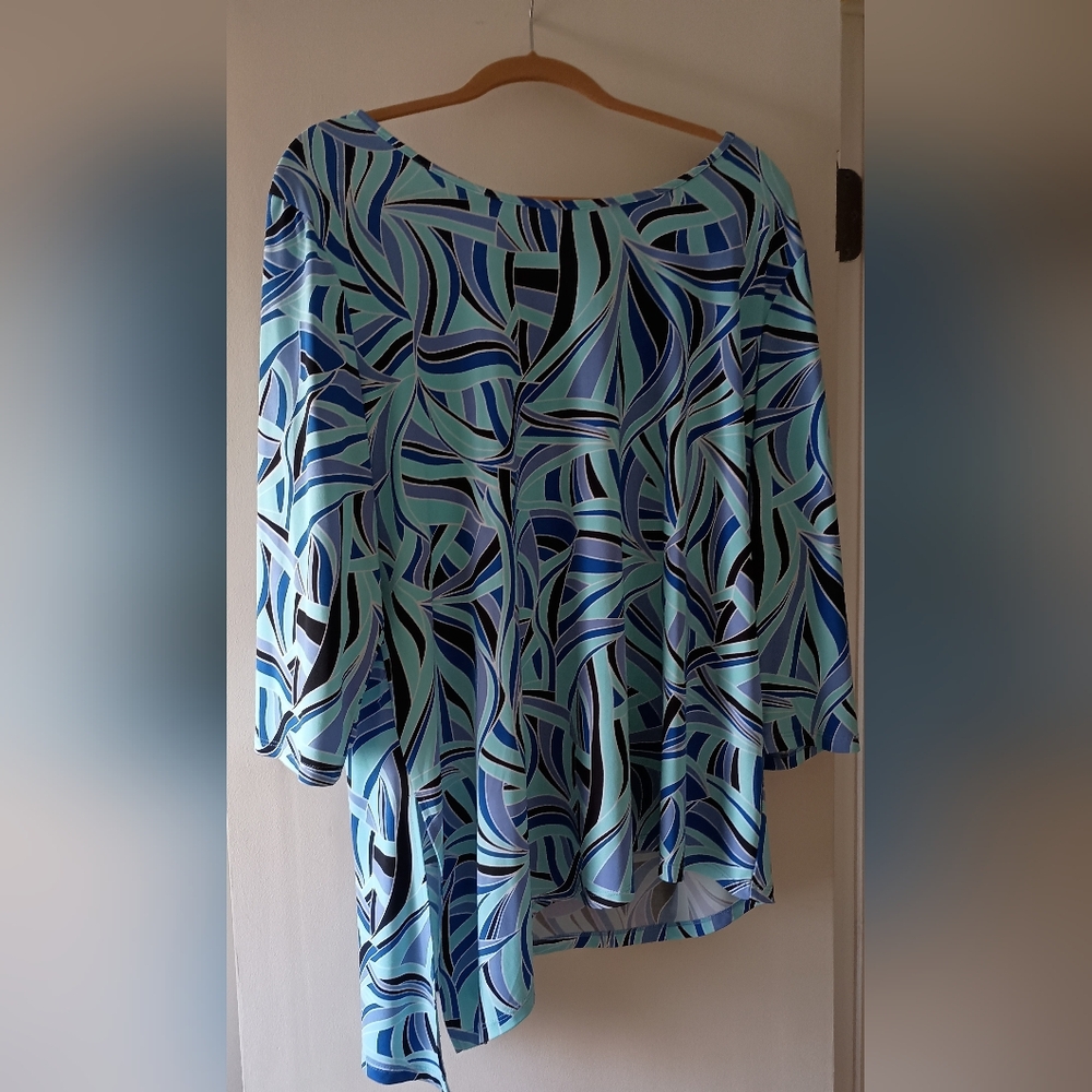Sale! Susan Graver Abstract Blue and Black Liquid Knit Blouse